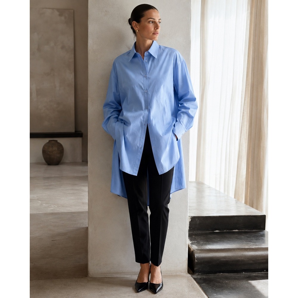 Scanlan Theodore Oversized Cotton Shirt US 2 Blue Longline Button Down Designer